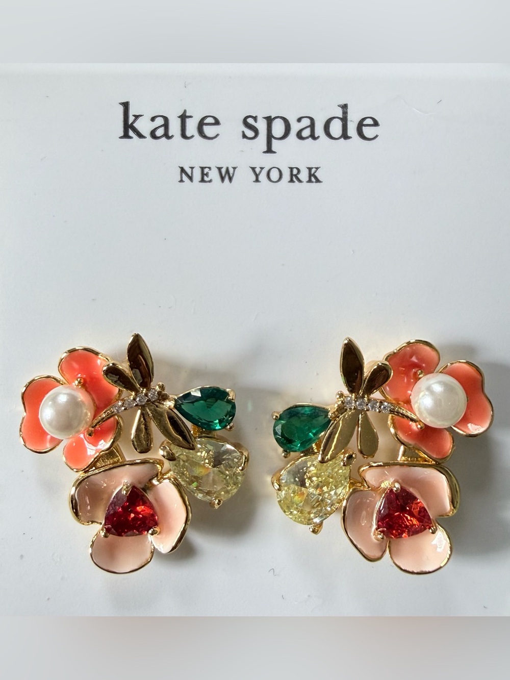 NWT Kate Spade Bloom In Color Floral Enamel Pearl Stud Earrings